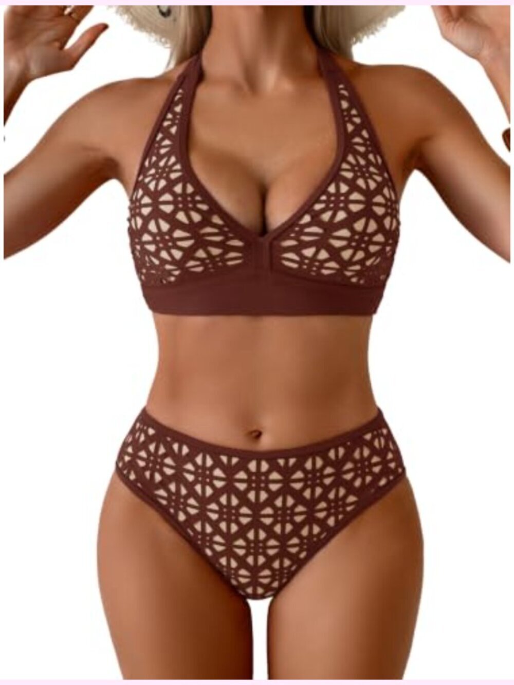 Halter V Neck Bikini Set with Mid Rise Bottom